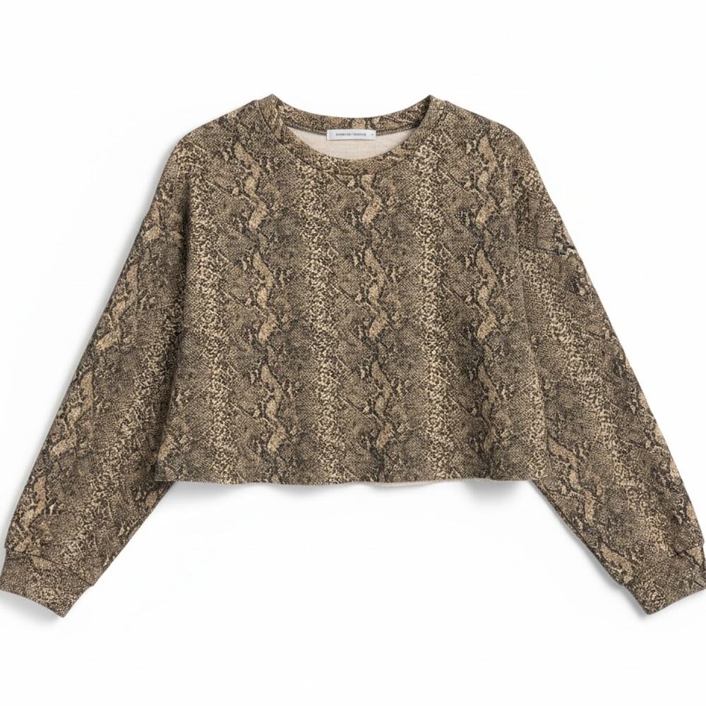 Zara Tan Black Snakeskin Cobra Women's Small Cropped Long Sleeve Shirt Blouse